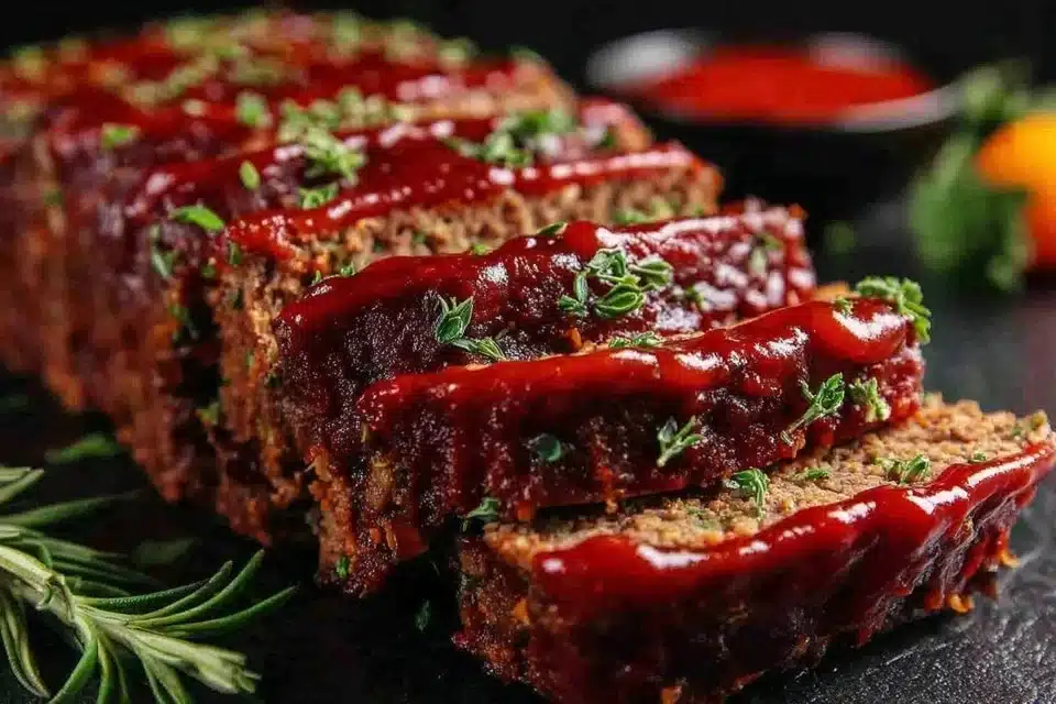 Easy classic beef meatloaf served on a plate with mashed potatoes and green beans