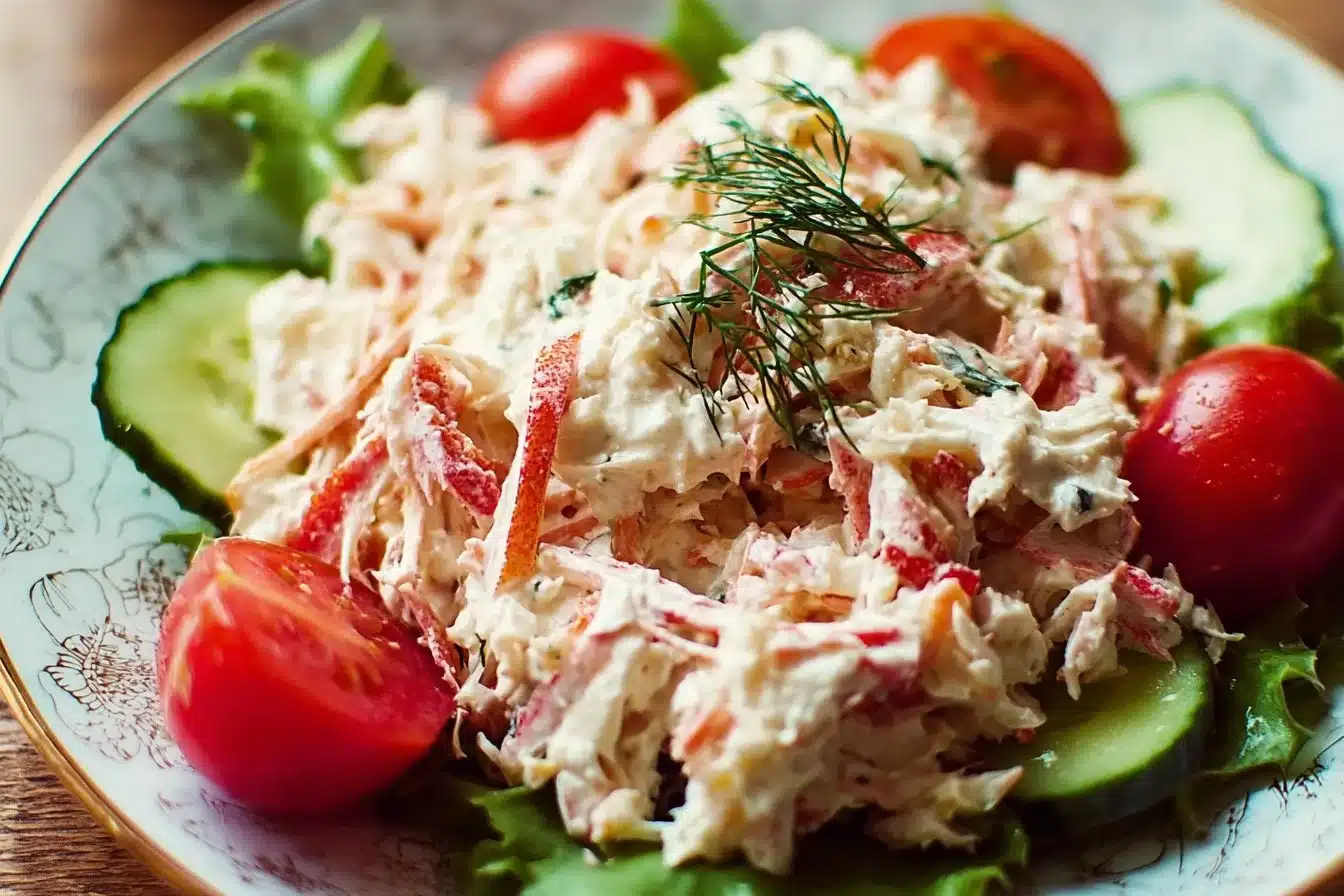 Bowl of easy crab salad with fresh ingredients and colorful presentation