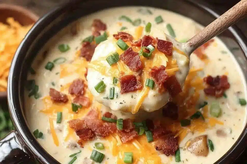 Bowl of cheesy potato soup with bacon, garnished with chives.