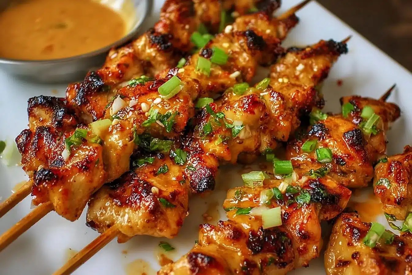 Delicious Bang Bang Chicken skewers served on a plate