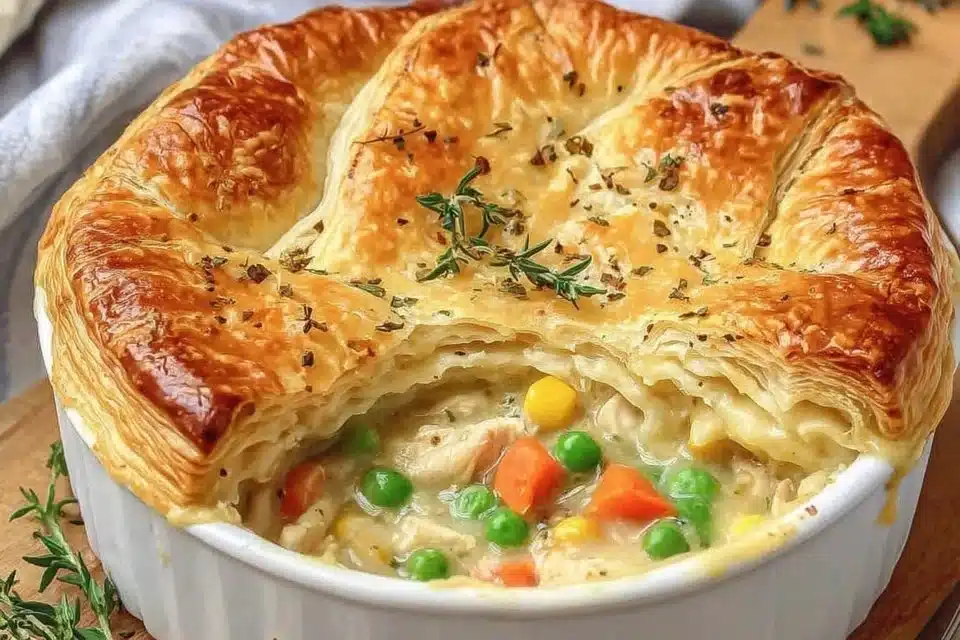 Slow Cooker Chicken Pot Pie served in a bowl with vegetables and herbs