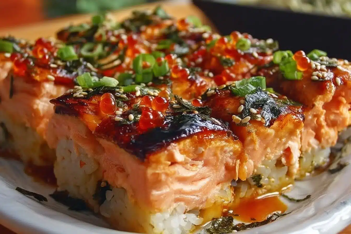 Easy spicy salmon sushi bake served in a dish with toppings