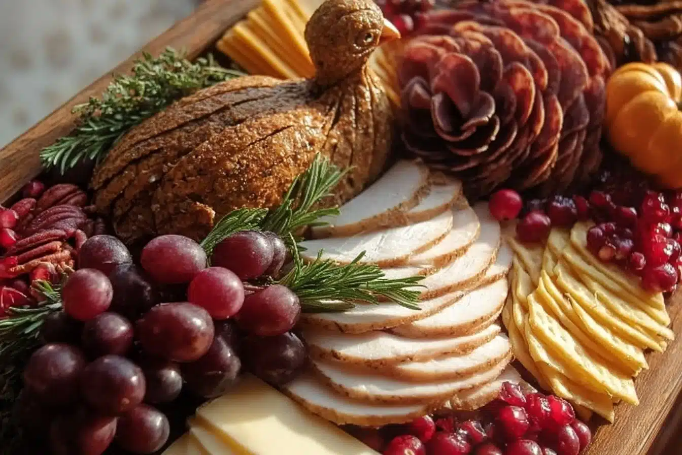 Decorative Turkey Shaped Charcuterie Board with assorted meats and cheeses