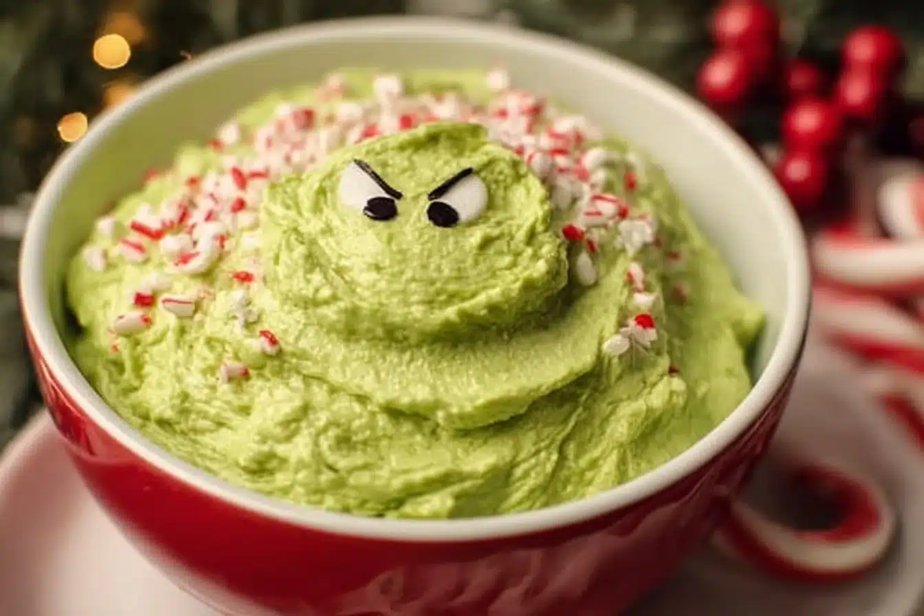 Festive Grinch Dip served in a holiday-themed dish