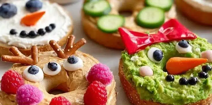 Colorful festive holiday bagel faces decorated for Christmas and celebrations.