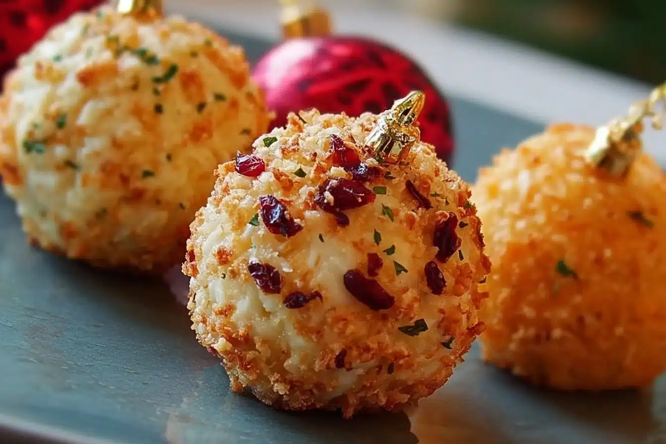 Festive holiday cheese balls displayed on a platter for a party.