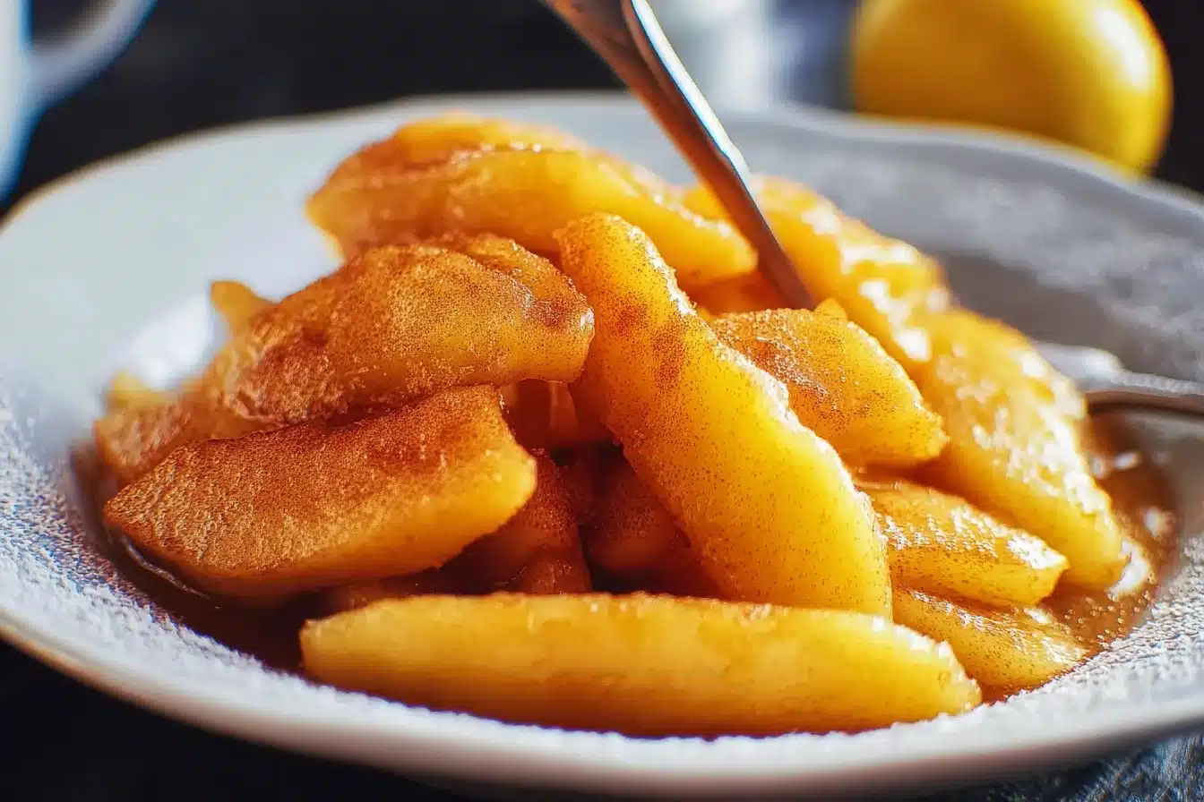 Delicious fried apples served in a bowl, showcasing caramelized texture and flavor.