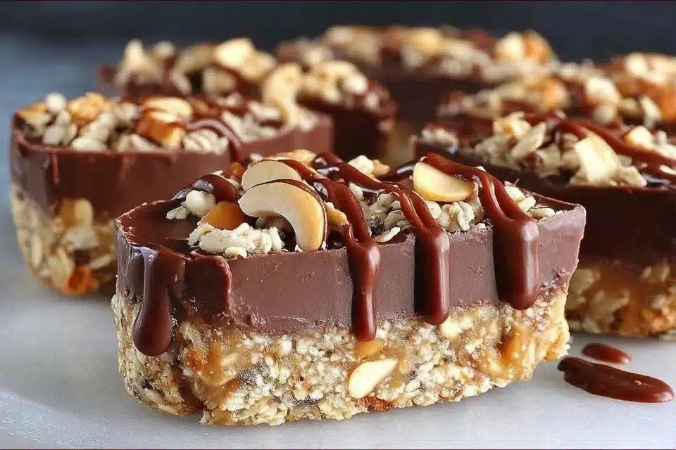 Fudgy no-bake chocolate oatmeal bars on a plate