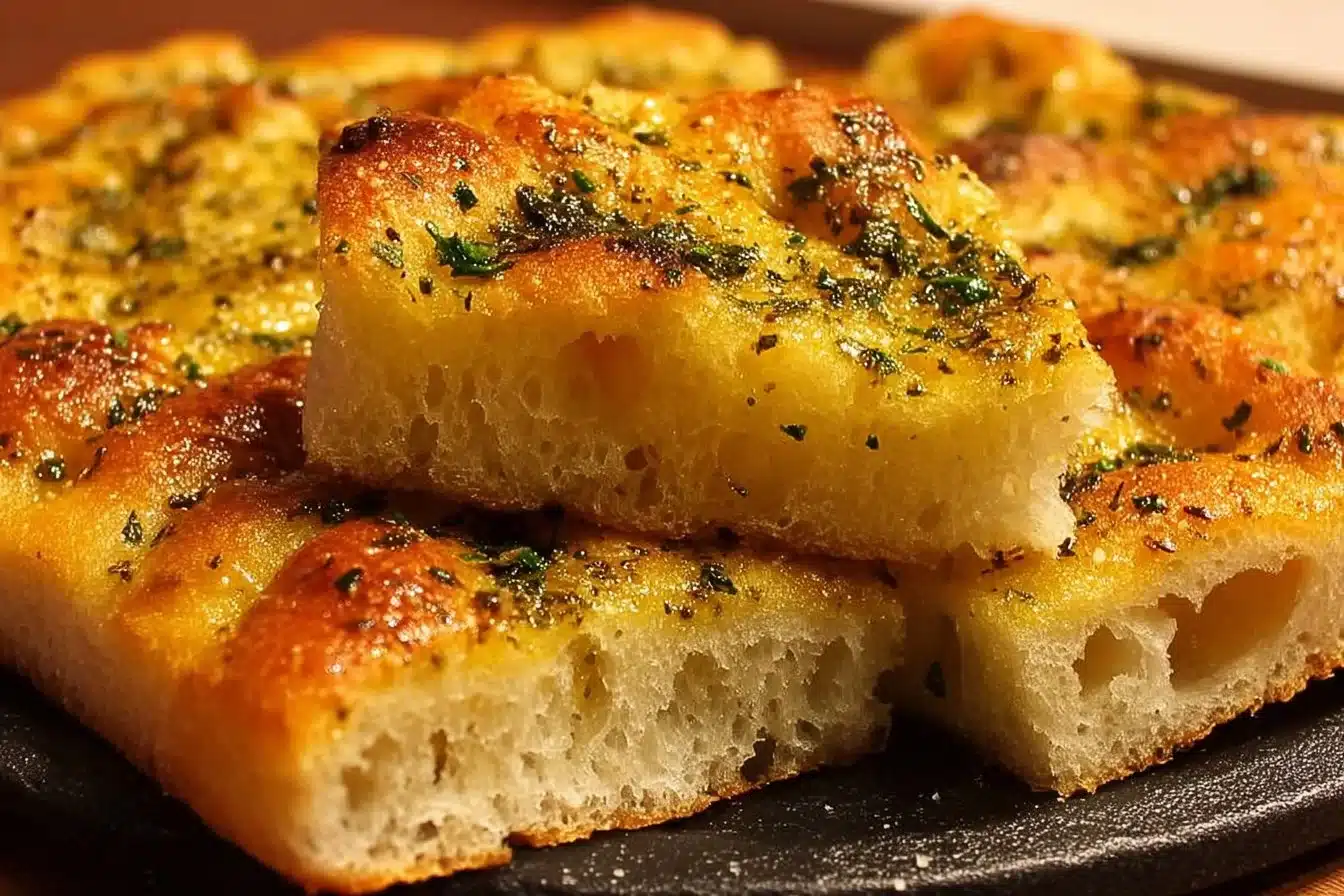 Freshly baked garlic butter focaccia bread with herbs and golden crust