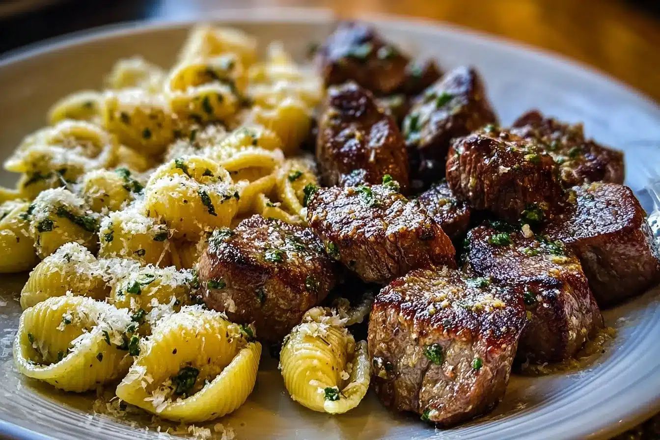 Delicious Garlic Butter Steak Bites served with creamy Parmesan shells