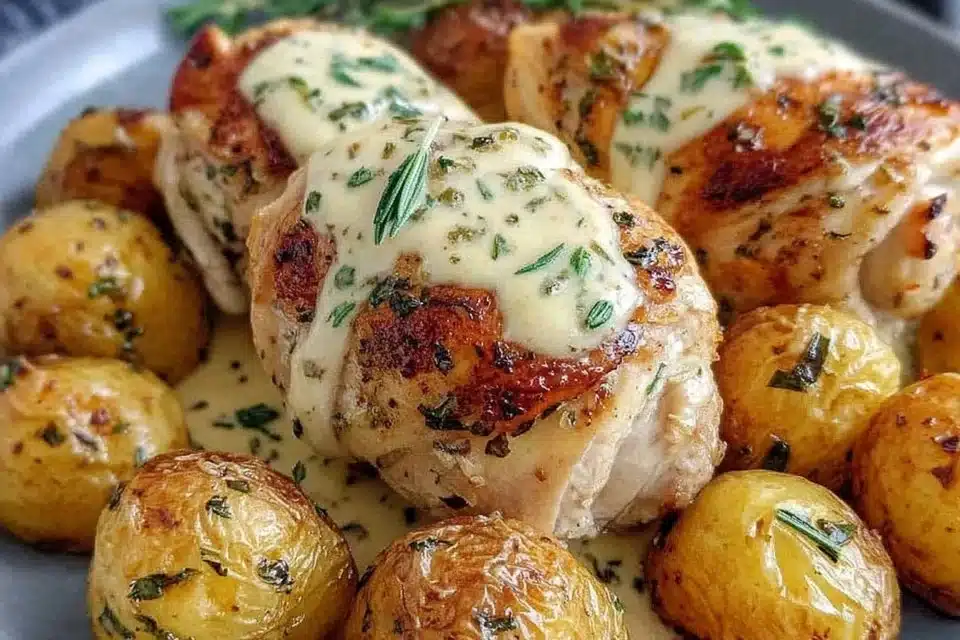Delicious Garlic Parmesan Chicken served with seasoned potatoes
