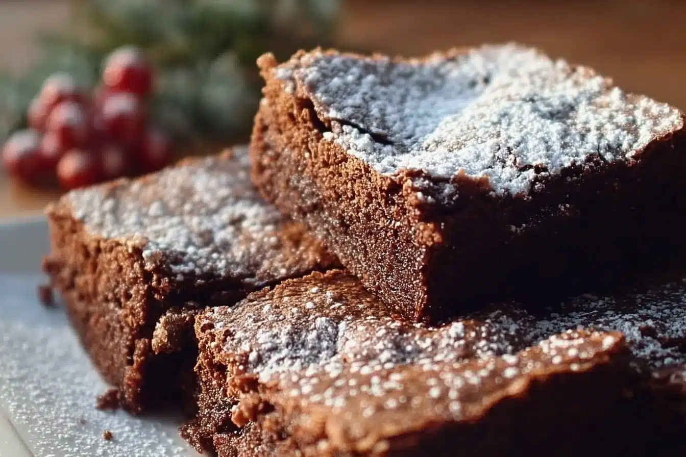 Delicious gingerbread brownies topped with festive decorations and chocolate drizzle