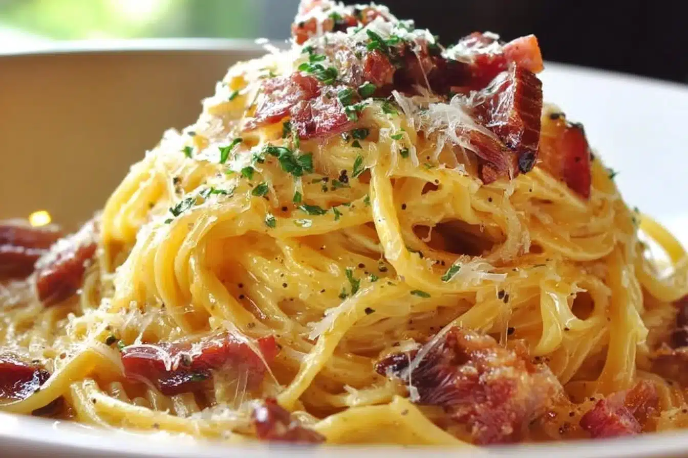 Gordon Ramsay's mouth-watering beef carbonara served in a bowl