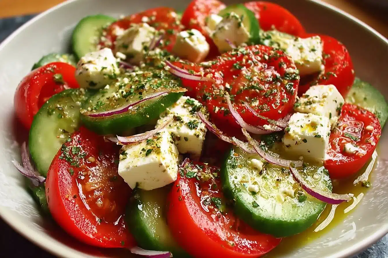 Greek cucumber tomato feta salad served in a bowl with fresh herbs