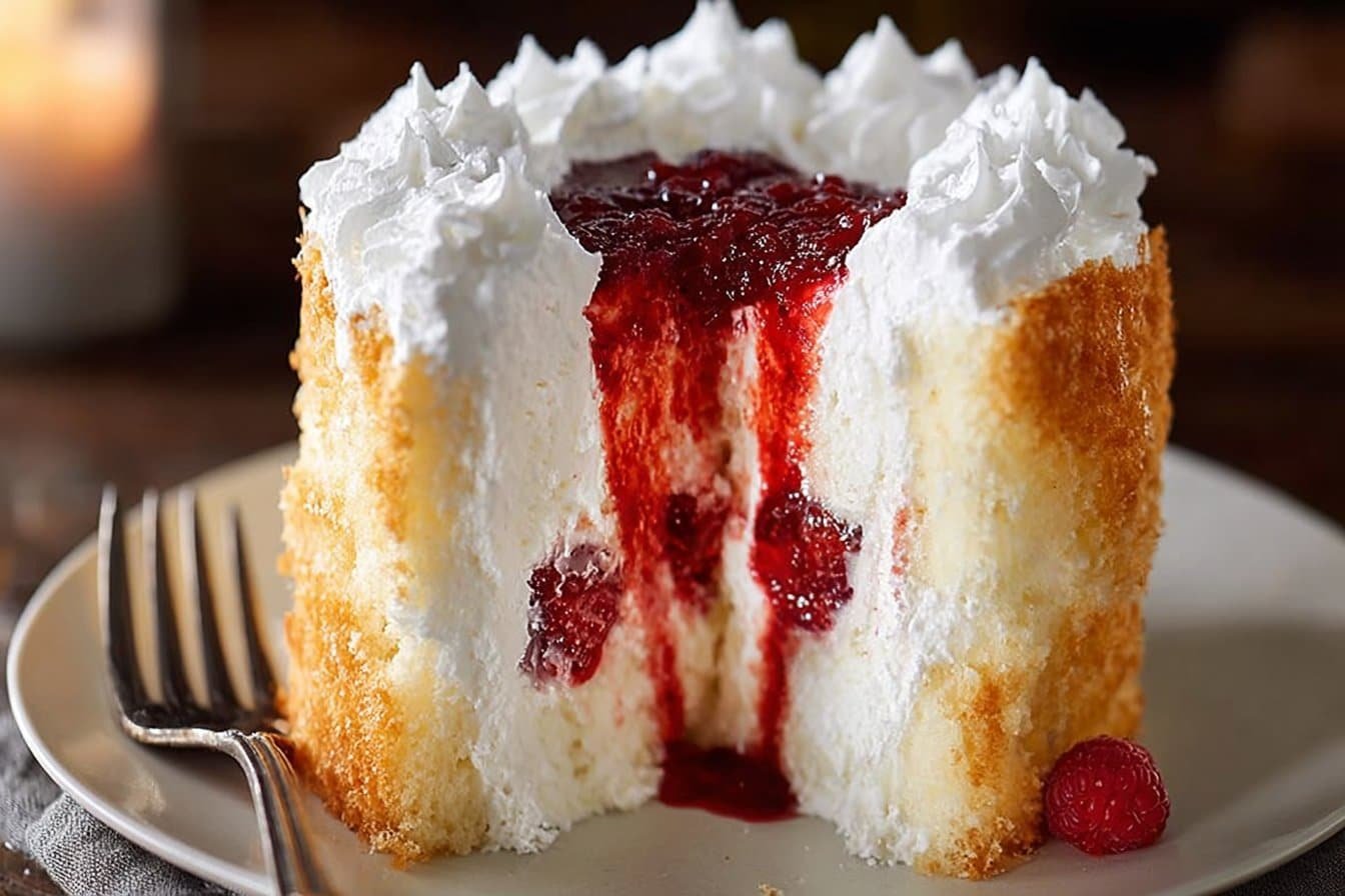 Homemade Raspberry And Cream Angel Food Cake