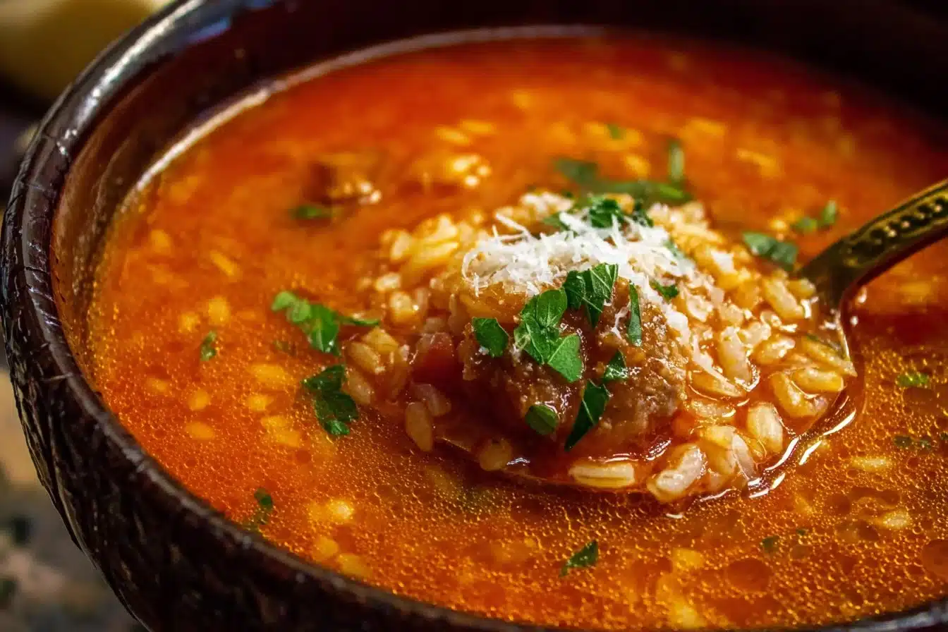 Bowl of hearty tomato rice soup garnished with herbs and rice