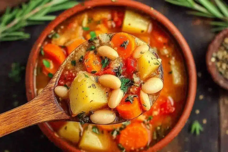 Hearty white bean stew with Italian herbs served in a bowl