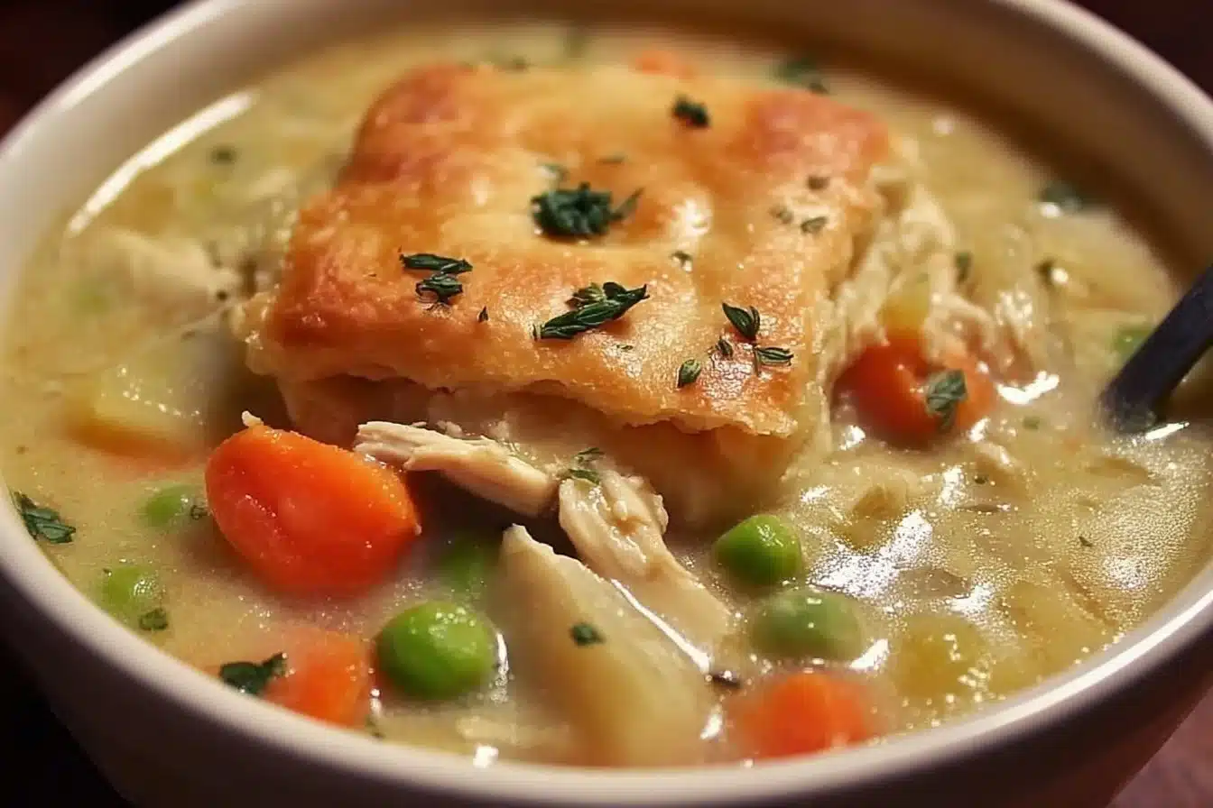 High protein chicken pot pie soup in a bowl with vegetables and herbs