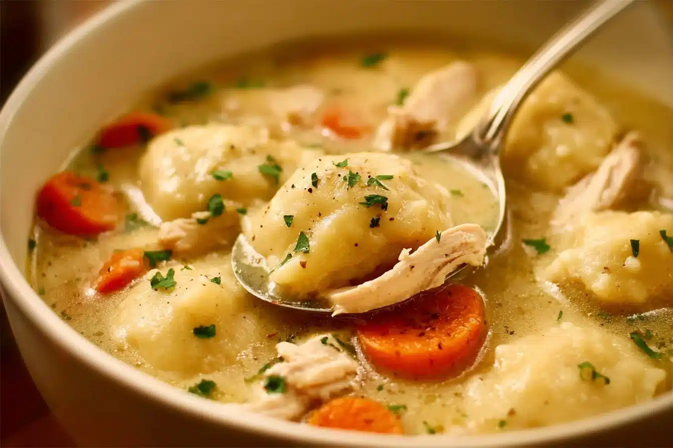 Delicious homemade chicken dumplings in a bowl, garnished with parsley.