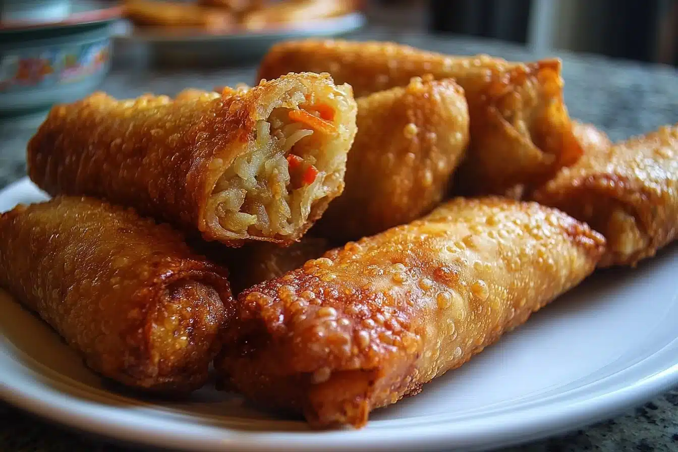 Homemade egg rolls fresh out of the fryer, golden and crispy