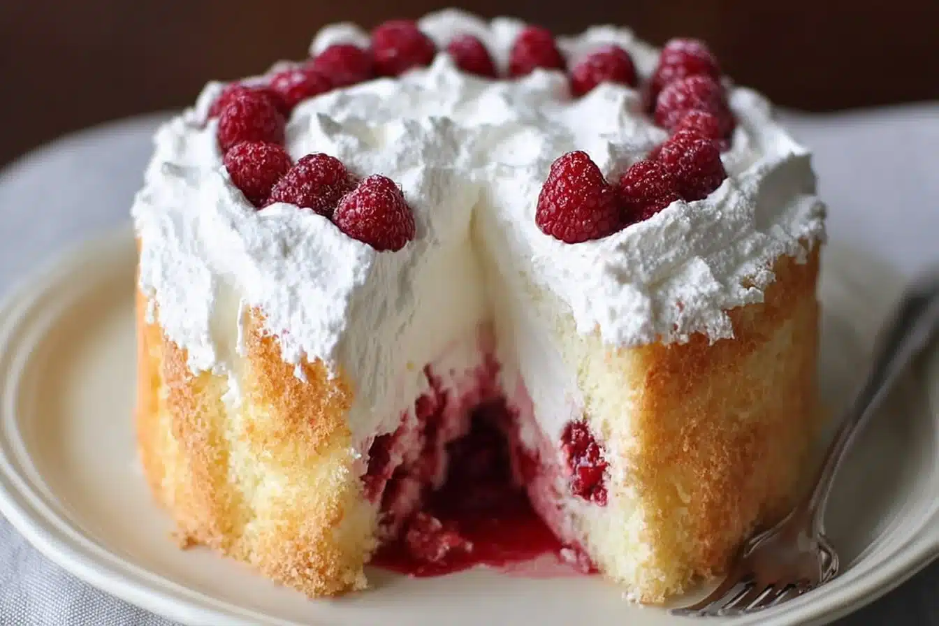 Homemade raspberry and cream angel food cake topped with fresh raspberries