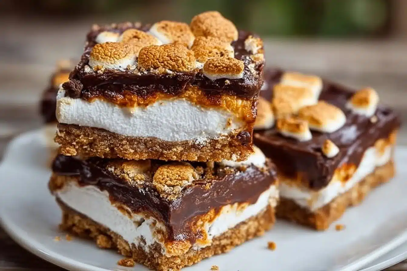 Delicious homemade s'mores bars layered with graham crackers, chocolate, and marshmallows.