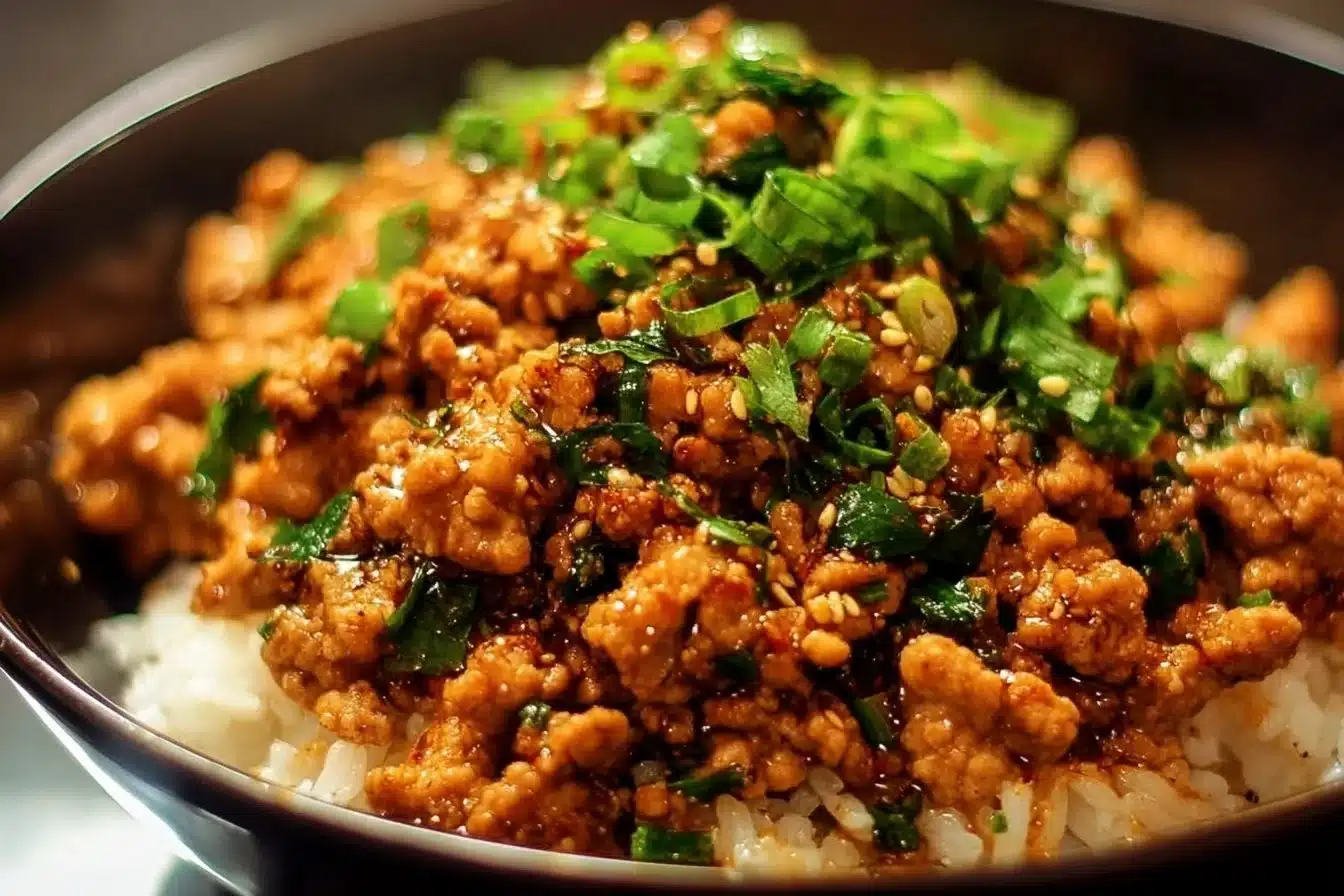 Honey Garlic Ground Turkey served with vegetables on a plate