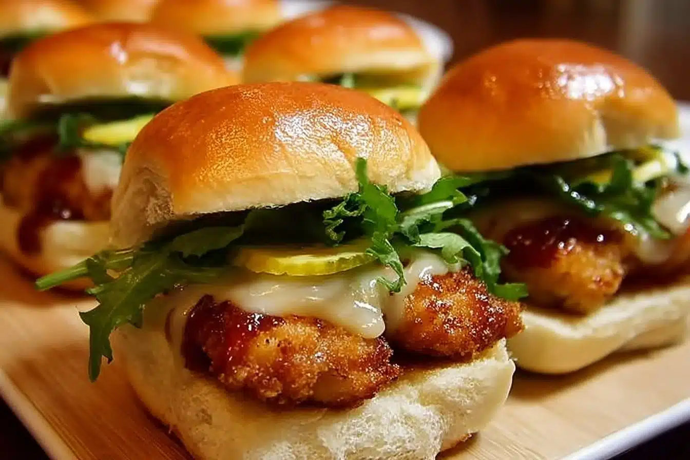 Honey Mustard Chicken Sliders served on a plate with fresh ingredients
