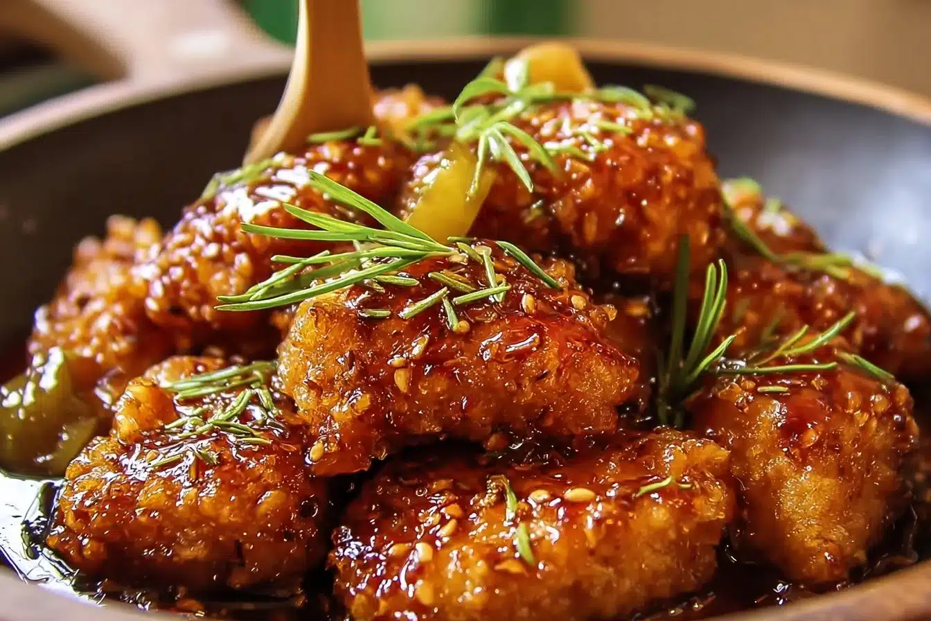 Delicious Hot Honey Chicken dish garnished and served on a plate.
