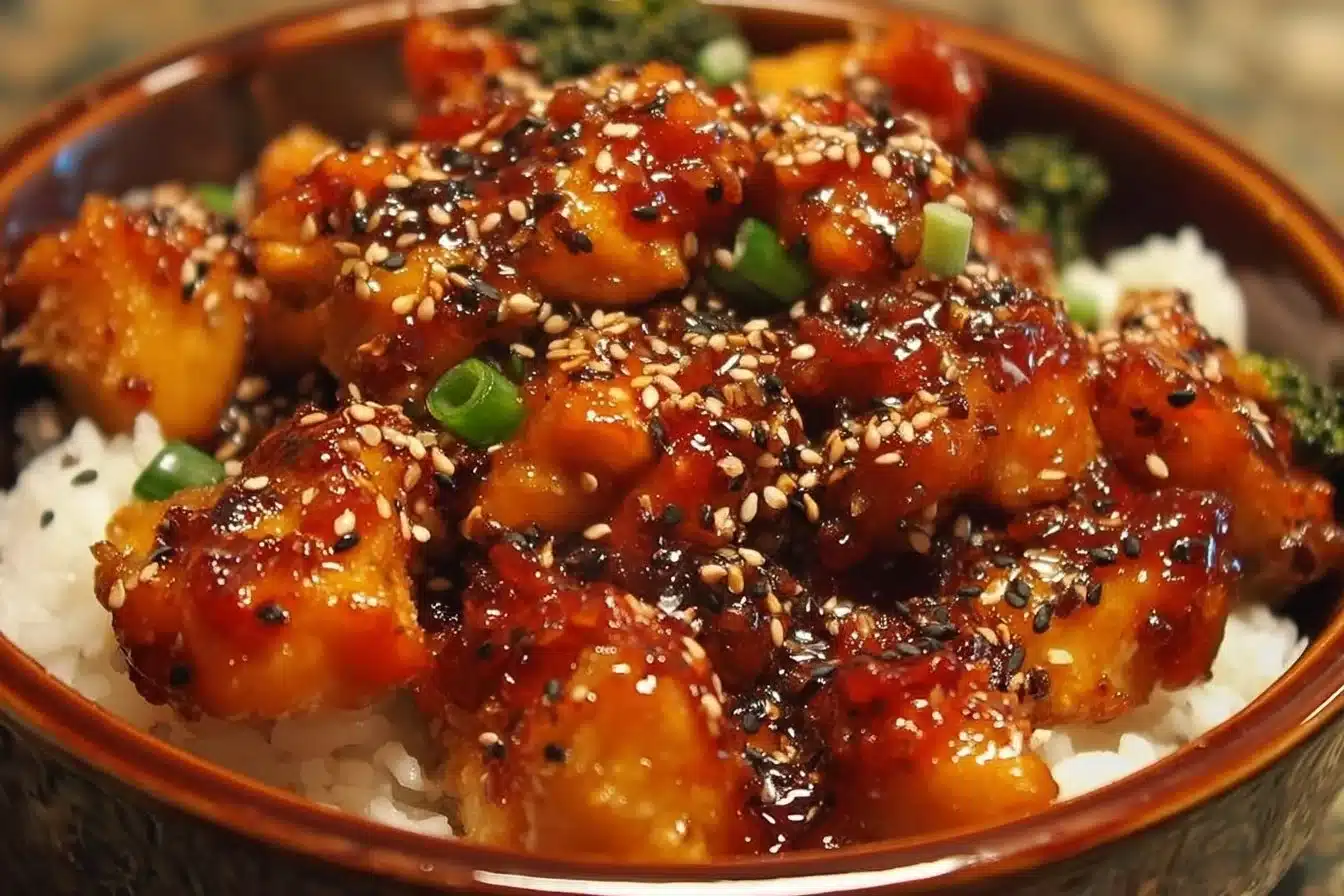 Delicious Hot Honey Chicken Bowl with spicy sauce and fresh vegetables