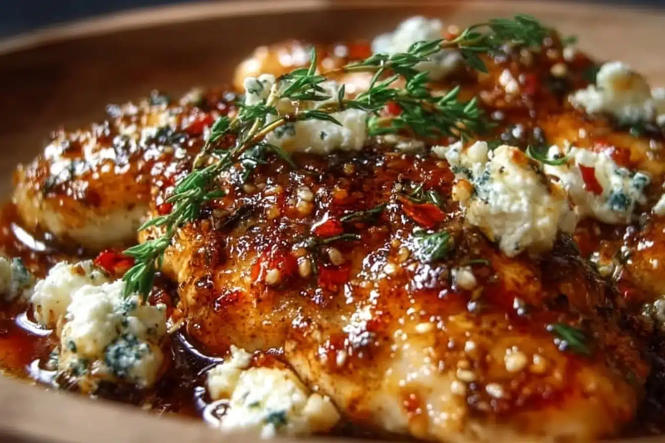 Hot honey infused feta chicken garnished with fresh herbs.