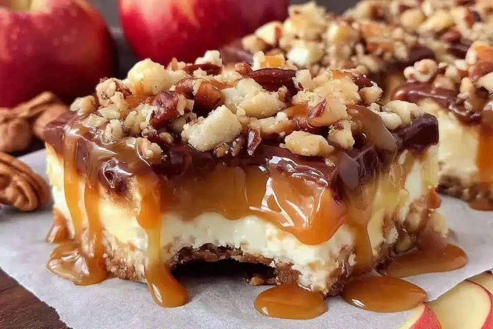 Delicious caramel apple cheesecake bars topped with rich caramel drizzle.
