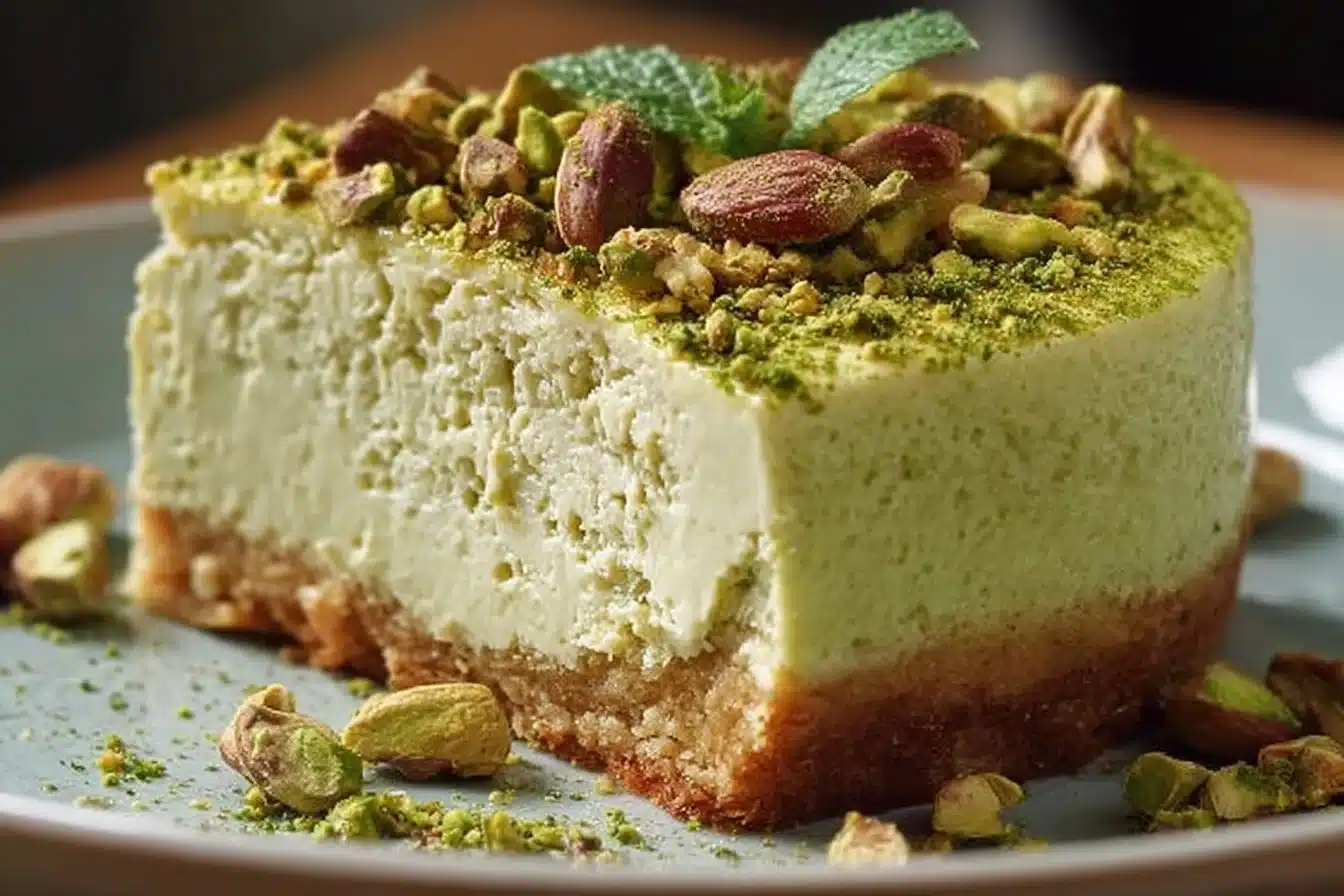 A slice of irresistible pistachio cheesecake topped with crushed pistachios.