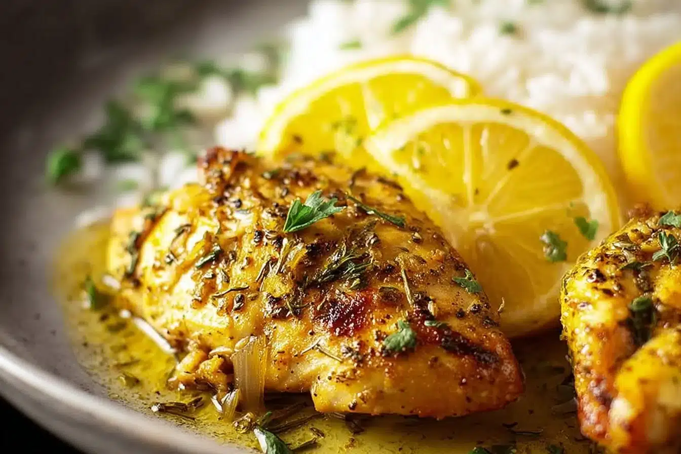 Plate of Italian Lemon Chicken garnished with fresh herbs and lemon slices