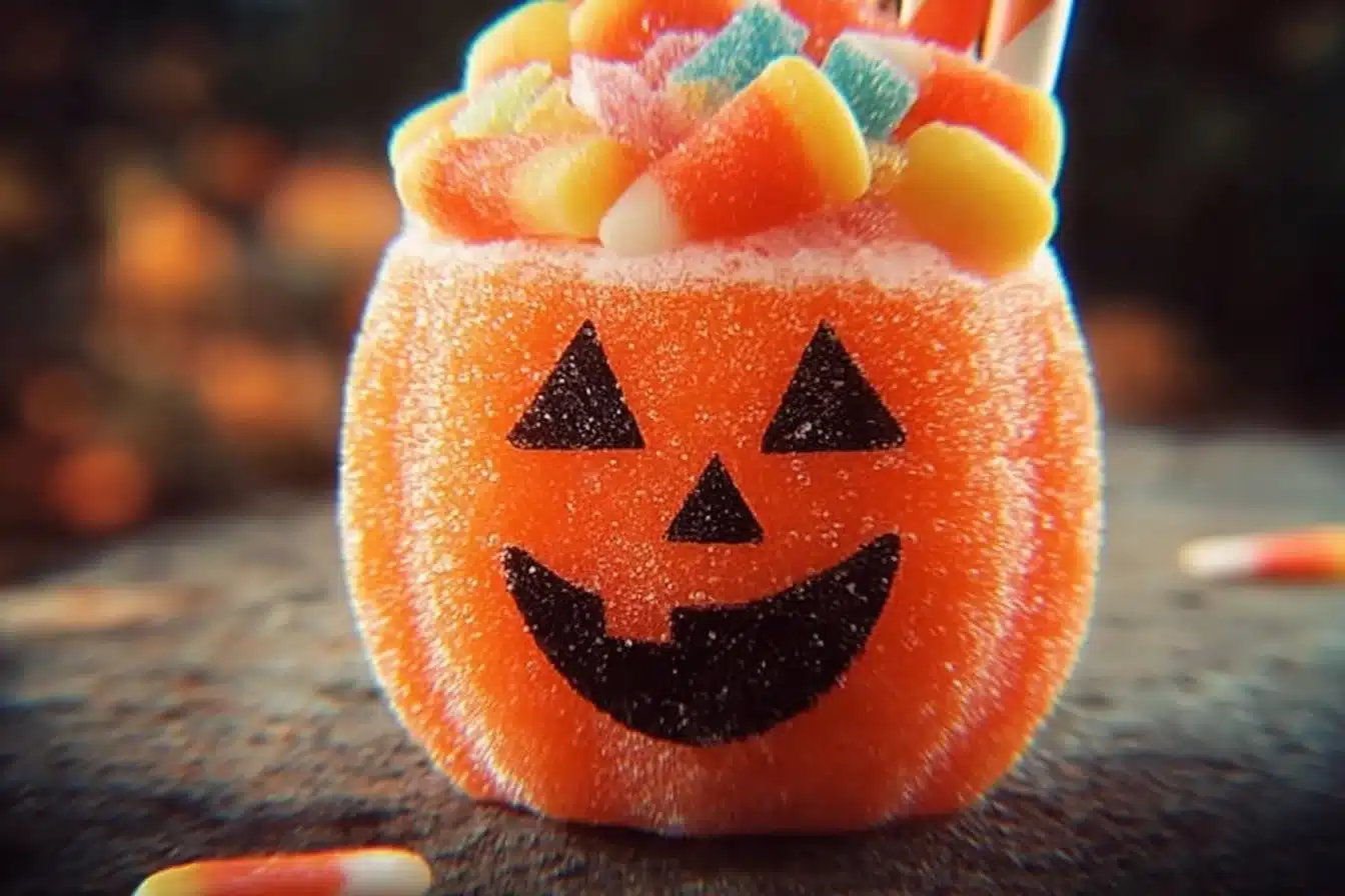 Jack-O'-Lantern Candy Corn Freeze in a festive cup for Halloween