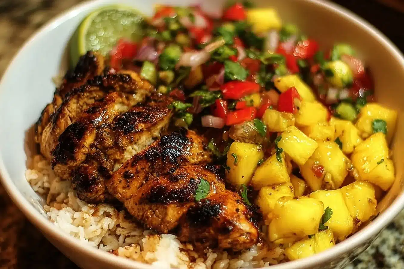 Delicious Jerk Chicken Bowl served with colorful Pineapple Salsa