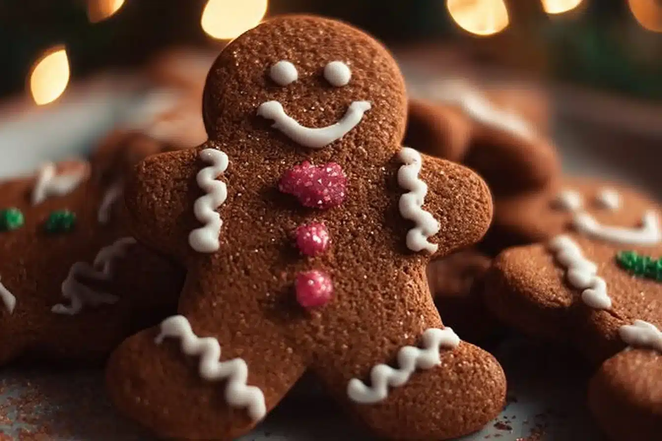 Decorative juniper-spiced gingerbread man cookies on a festive plate