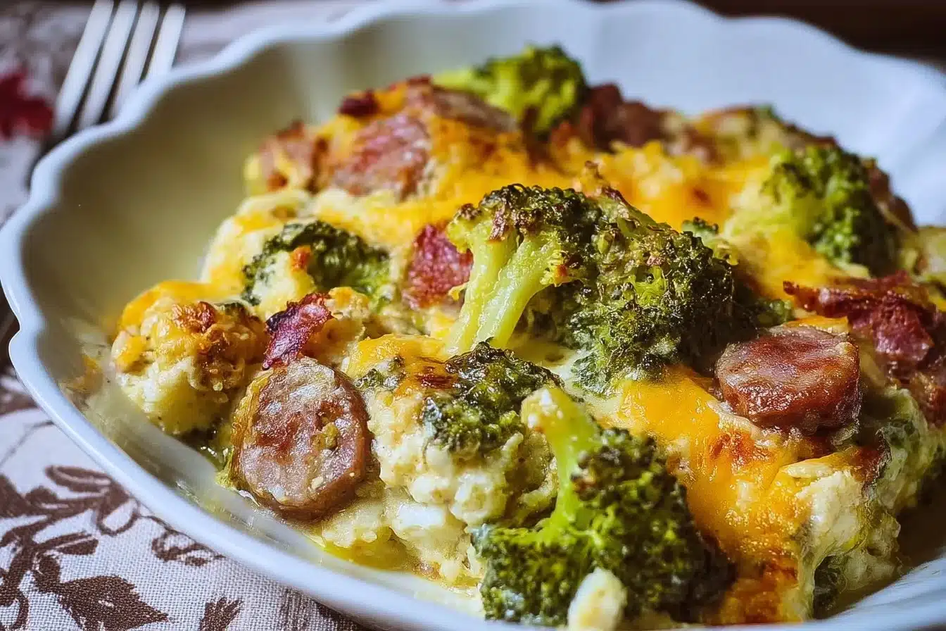 Keto Broccoli and Cauliflower Au Gratin with Sausage dish