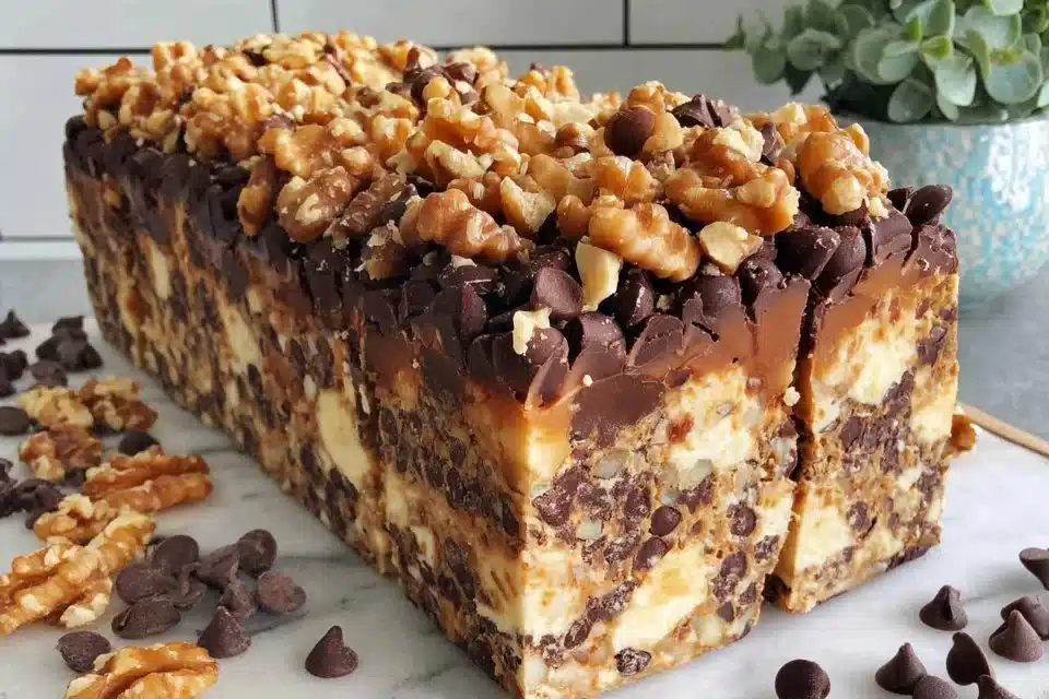 Homemade Knock You Naked Bars topped with chocolate and caramel