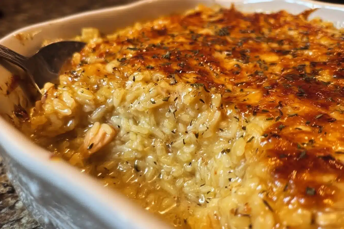 Creamy chicken rice casserole topped with herbs and baked to perfection