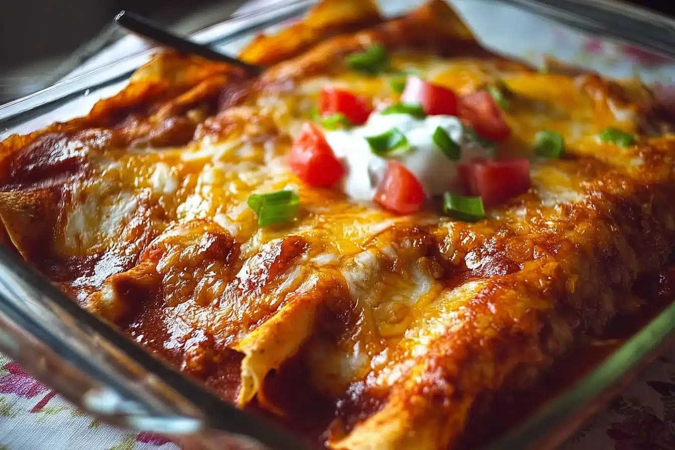 Delicious lazy enchiladas recipe served on a plate with toppings.