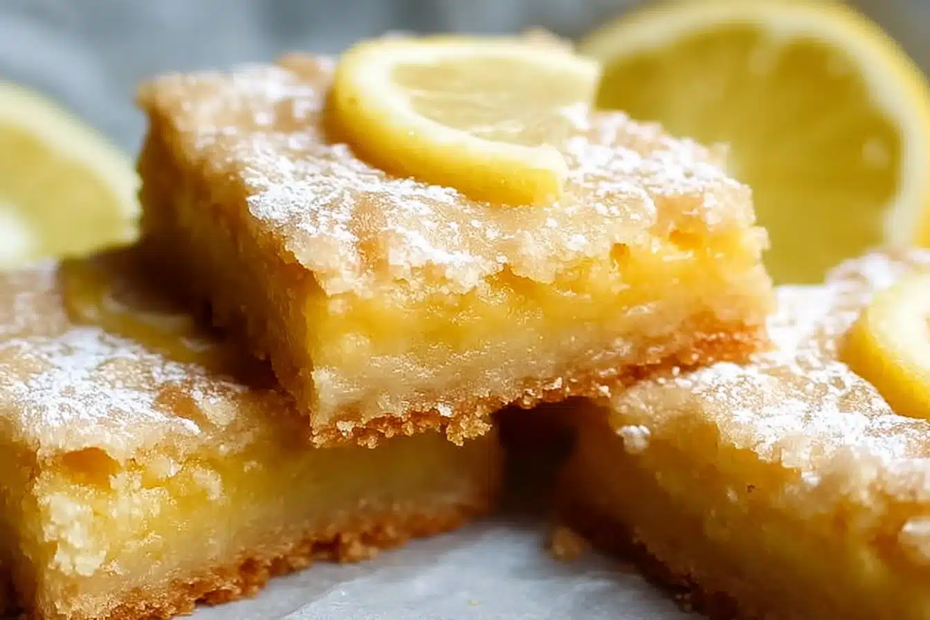 Delicious lemon gooey bars topped with powdered sugar on a white plate