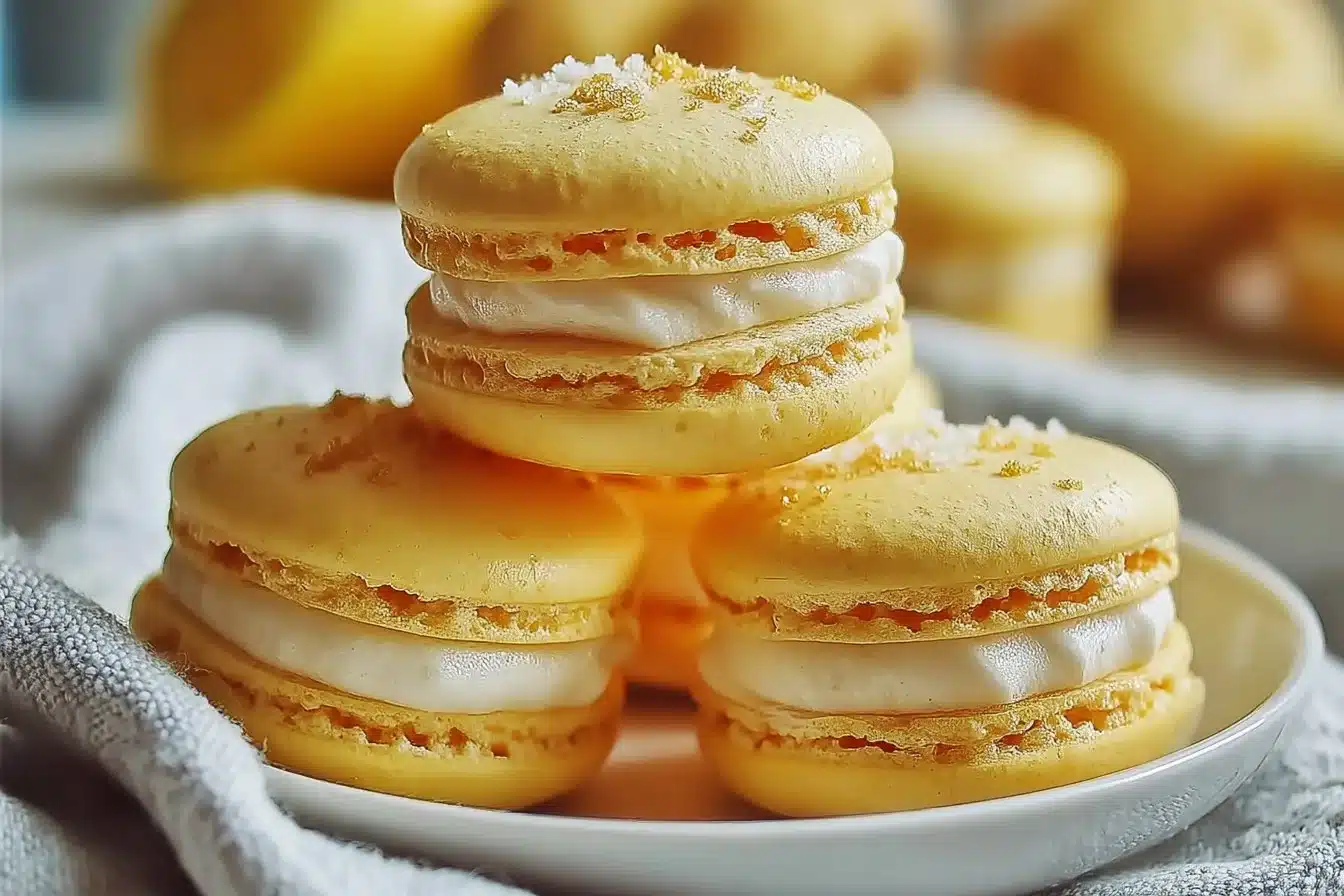 Beautifully arranged lemon macarons on a decorative plate.