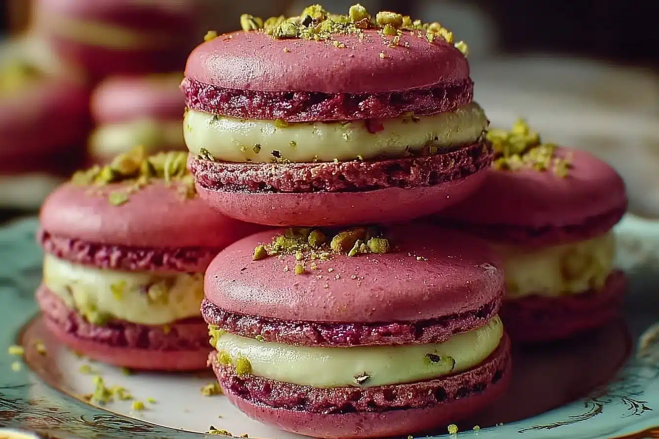 Luxurious raspberry pistachio macarons on a decorative plate