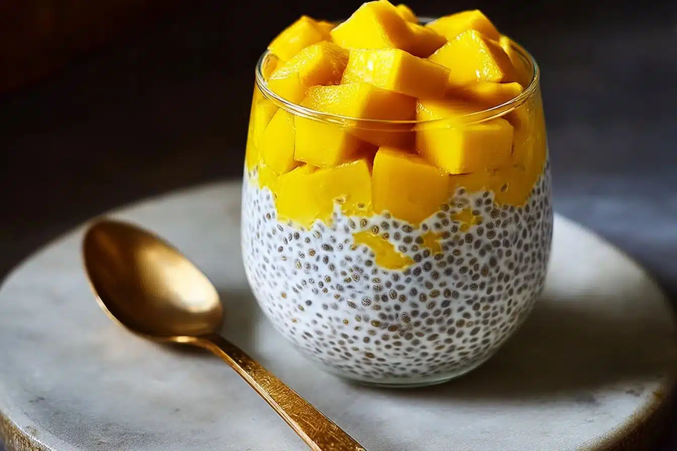 Delicious Mango Coconut Chia Pudding served in a glass