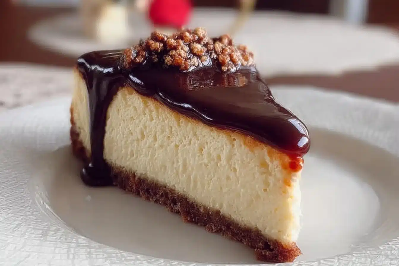 Slice of Millionaire's Cheesecake topped with chocolate shavings and berries