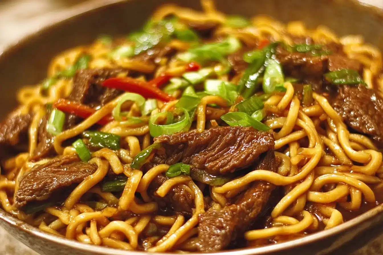 Plate of Mongolian beef noodles garnished with vegetables and sesame seeds