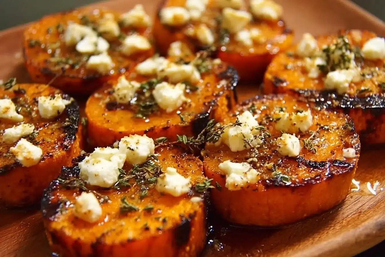 Honey feta sweet potato rounds topped with honey and herbs