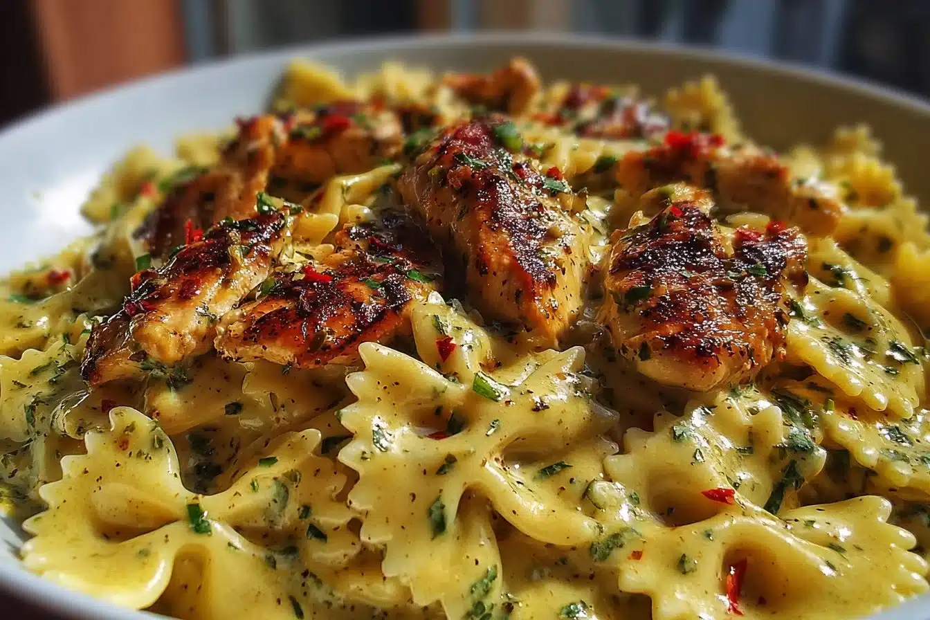 Mozzarella Garlic Butter Chicken Bowties with Cheesy Cream Sauce