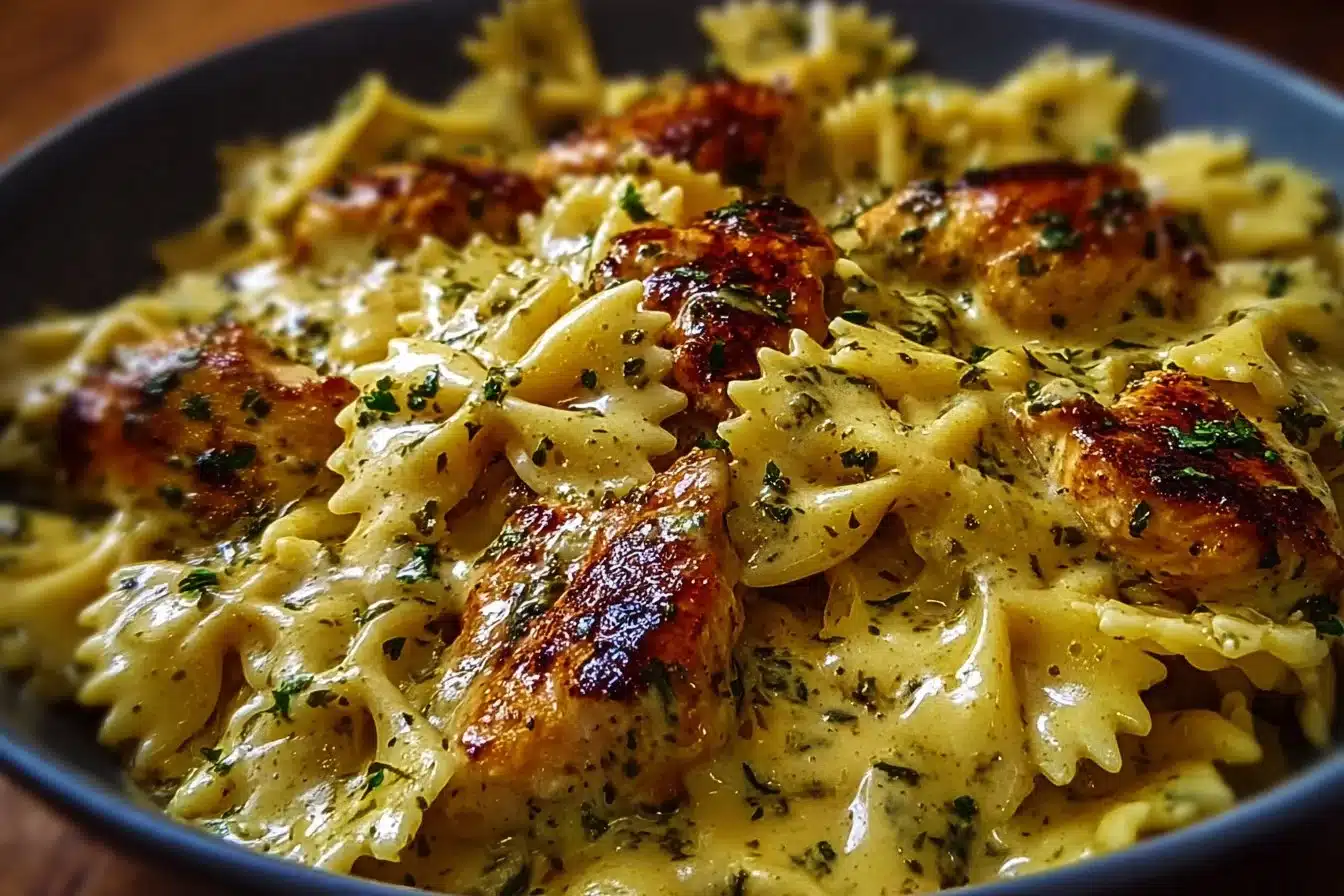 Mozzarella Garlic Butter Chicken Bowties in creamy garlic butter sauce